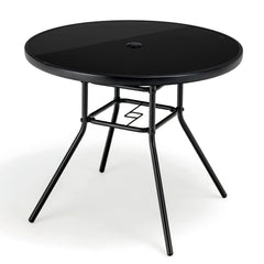 Tangkula 34 Inch Patio Dining Table, Round Tempered Glass Table with 1.5" Umbrella Hole