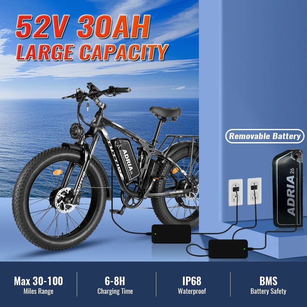 TUTTIO Adria26 5000W Electric Mountain Bike for Adults, 26" Fat Tire E - Bike for Men, 7 Speed, Max 46mph