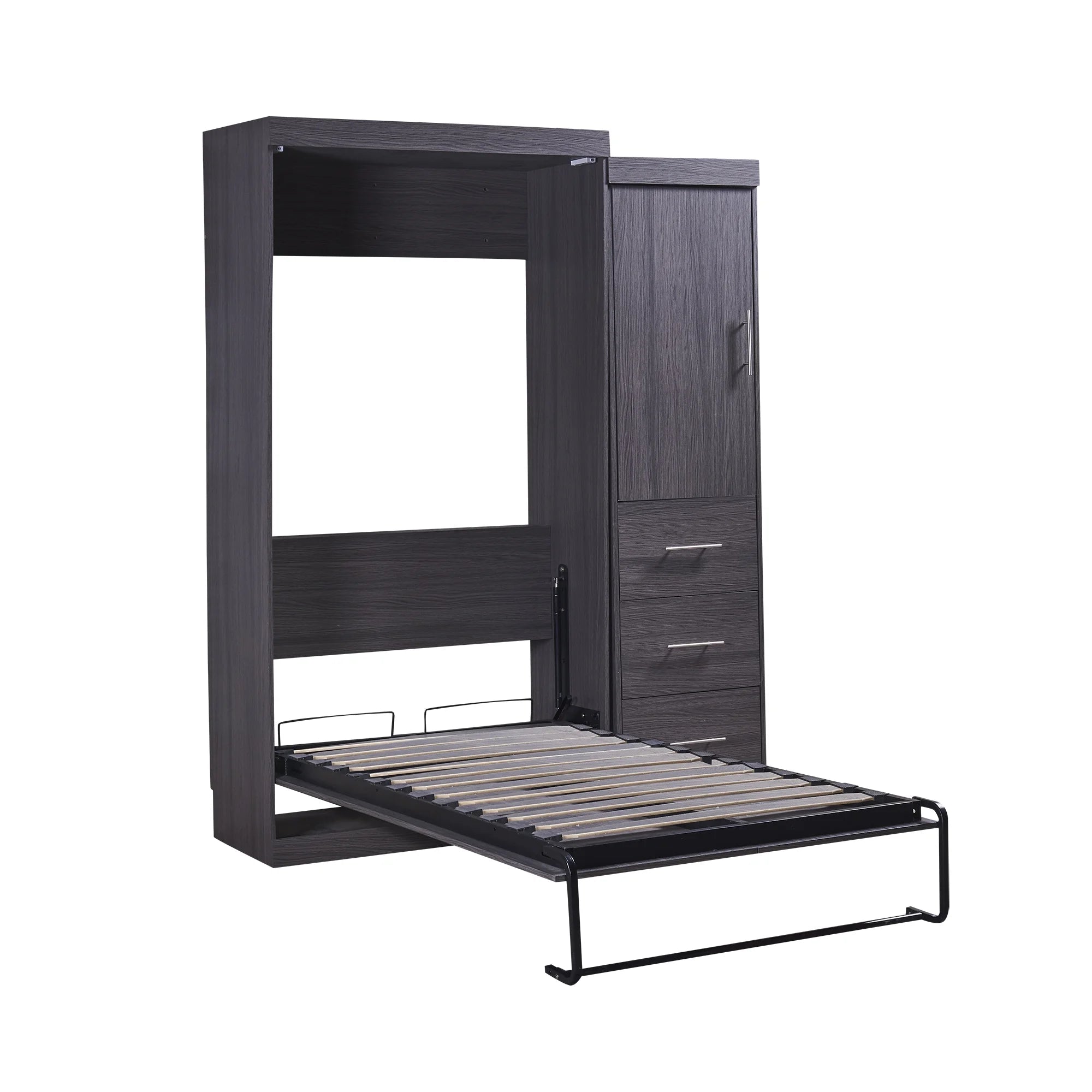 Euroco Wood Full Size Murphy Wall Bed with Wardrobe and Drawers for Living Room, Moveable Wardrobe and Drawers, Space - Saving & Easy Open and Close for Kids Teens Adults, Gray