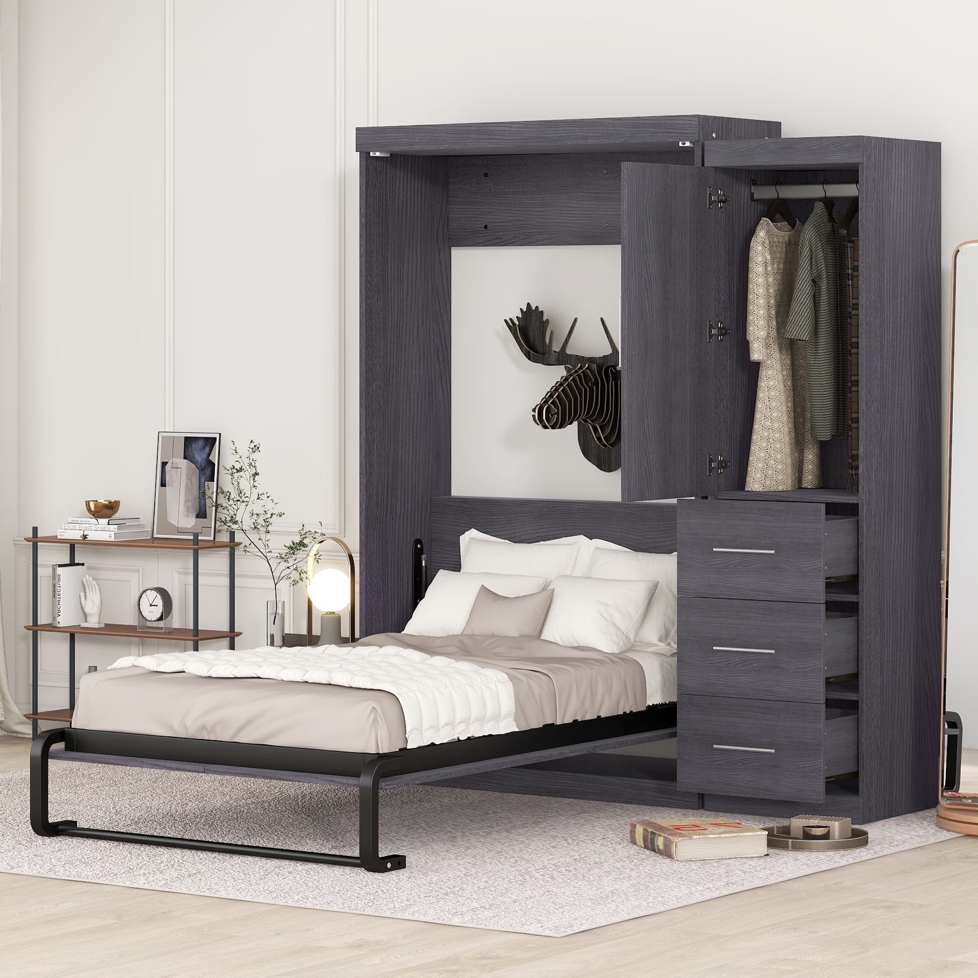 Euroco Wood Full Size Murphy Wall Bed with Wardrobe and Drawers for Living Room, Moveable Wardrobe and Drawers, Space - Saving & Easy Open and Close for Kids Teens Adults, Gray