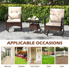 3-Piece Outdoor Wicker Rocking Chair Set, Rattan Bistro Rocker Furniture with Cushions & Pillows, Tempered Glass Coffee Table for Porch Balcony