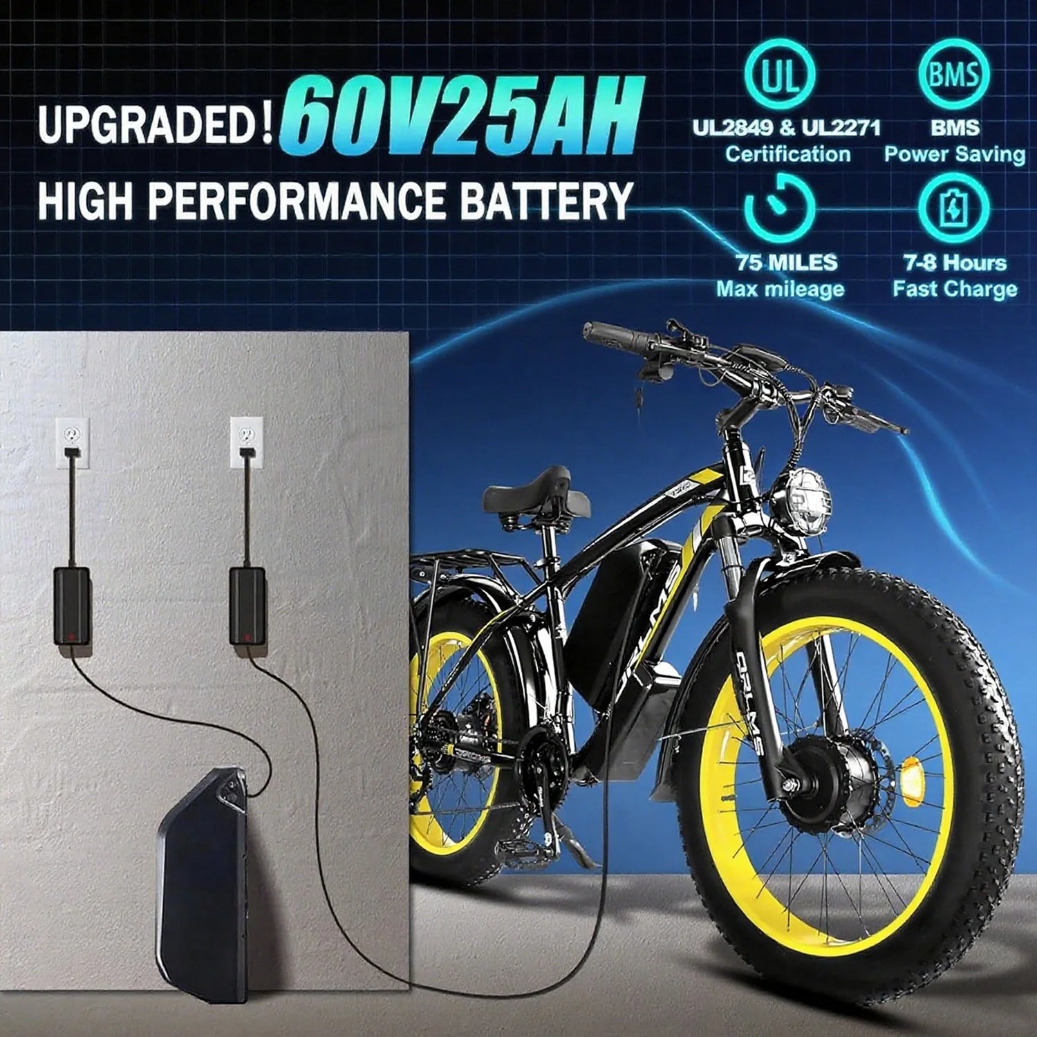 5000w Peak Dual Motor Electric Bike, 26" Fat Tire Shimano 21 Speed 45 MPH Commuter Mtb, 60V 25AH Front Suspension Ebike