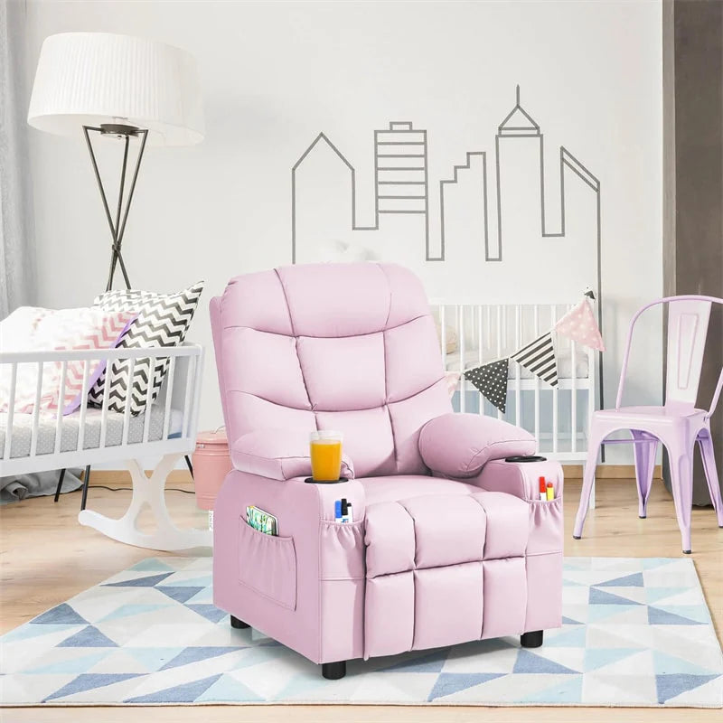 Kids Recliner Chair PU Leather Adjustable Lounge Sofa with Cup Holder, 3 Pockets & Retractable Footrest, Ergonomic Toddler Furniture Sofa