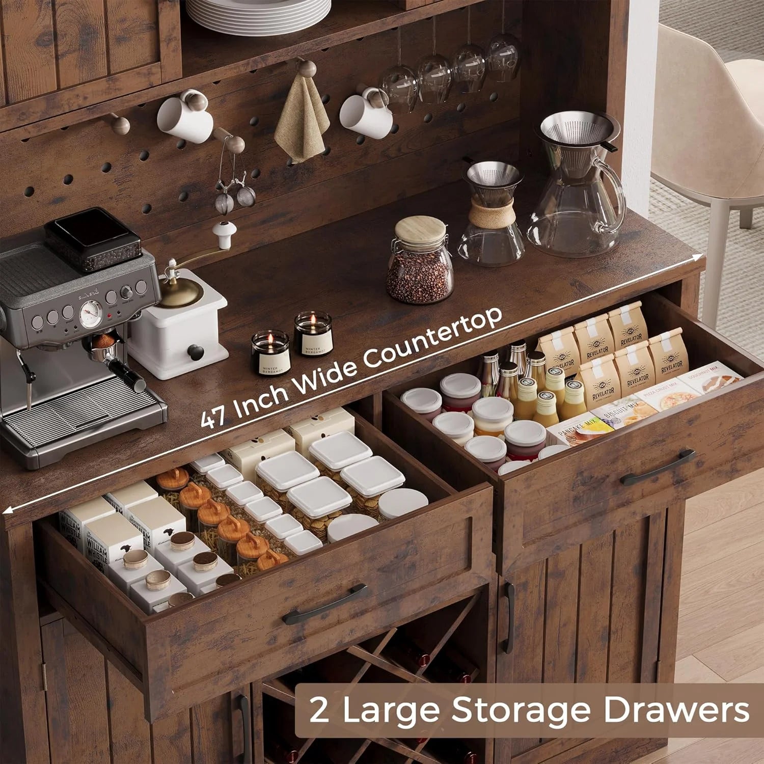 LAFGUR 72" Kitchen Storage Cabinet with Power Outlet & LED Light, Coffee Bar Cabinet with Drawers & Wine Glass Rack, Sideboard for Home, White