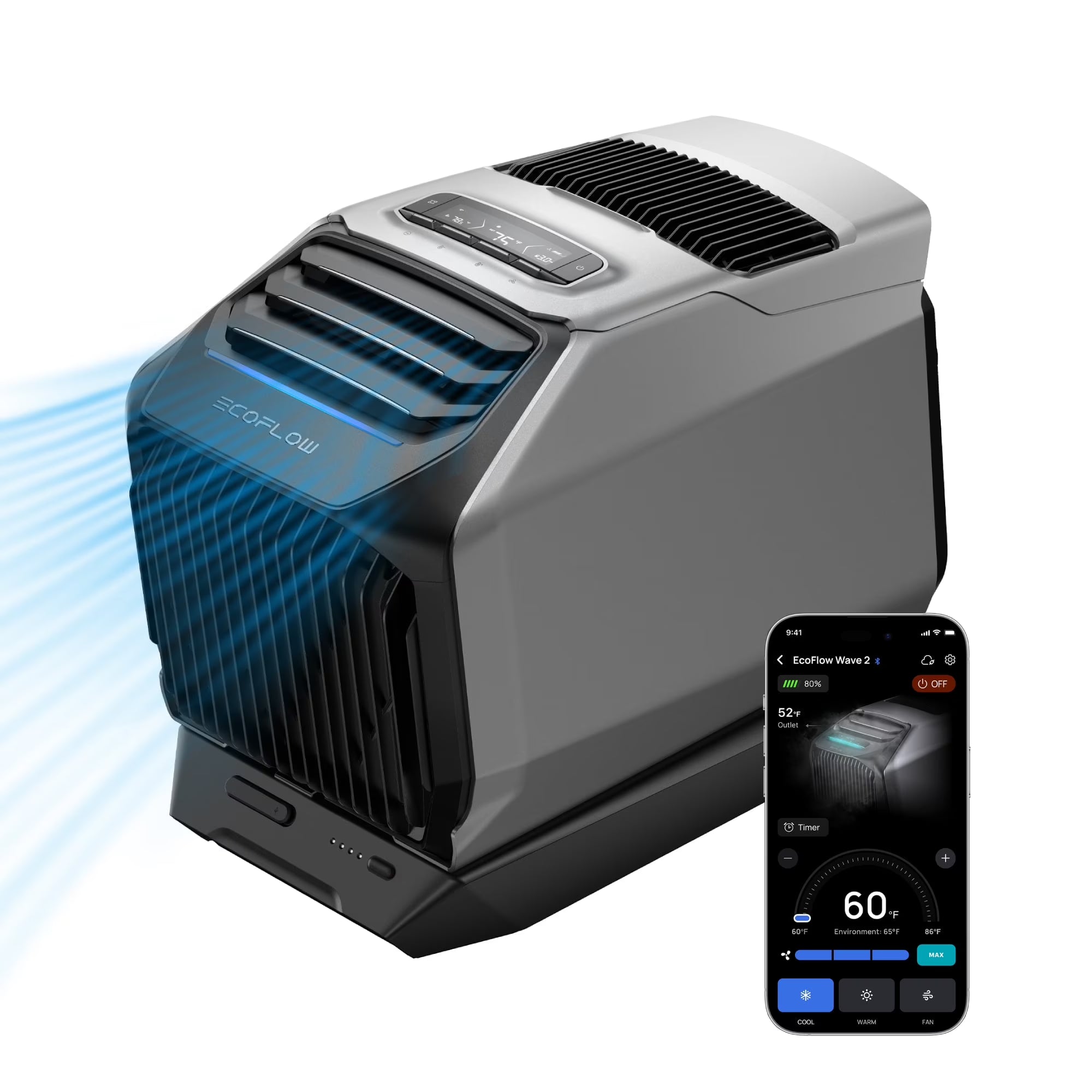 EF Ecoflow WAVE 3 Portable Air Conditioner with Add - on Battery, 1800W/6100 BTU Cooling and 2000W/6800 BTU Heating, 1000W Fast Charging in 75 Mins, 8H Wireless Running, APP Control, for Camping, Rvs