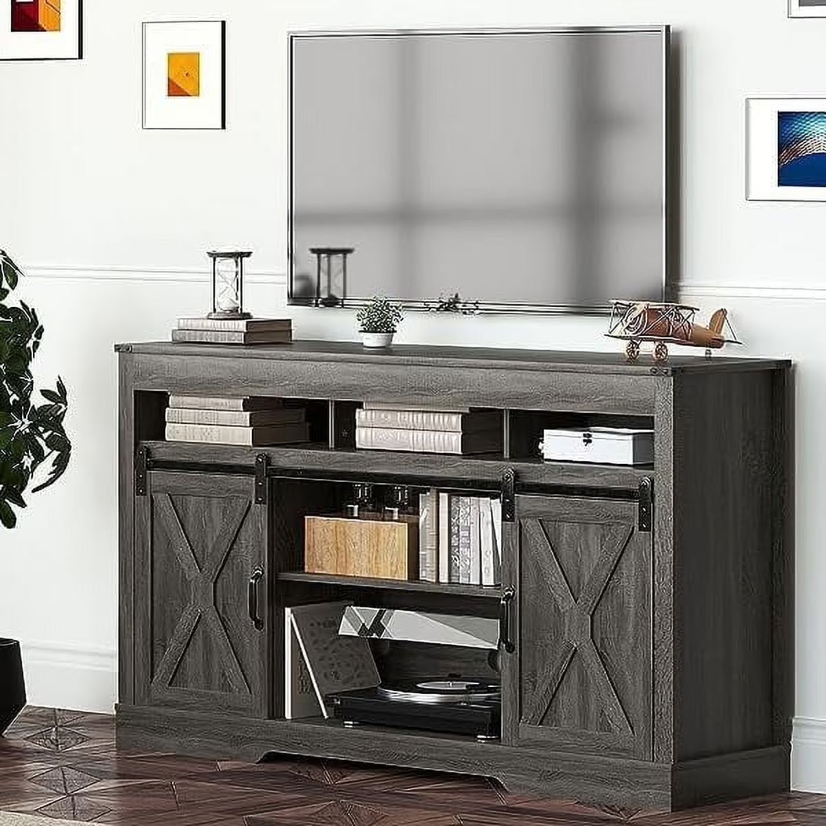 Mayincolor Farmhouse TV Stand for 65+ Inch TV, 34'' Tall Entertainment Center with Sliding Barn Doors, Rustic Wood Media Console Storage Cabinet Television Stand for Living Room, Light Grey