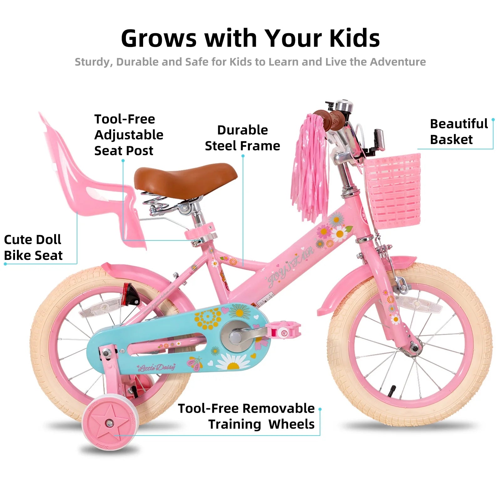 JOYSTAR Little Daisy 14 in Kids Bike for 3 4 5 Years Girls with Handbrake Children Princess Bicycle with Training Wheels Basket Streamer Toddler Cycle Bikes Blue