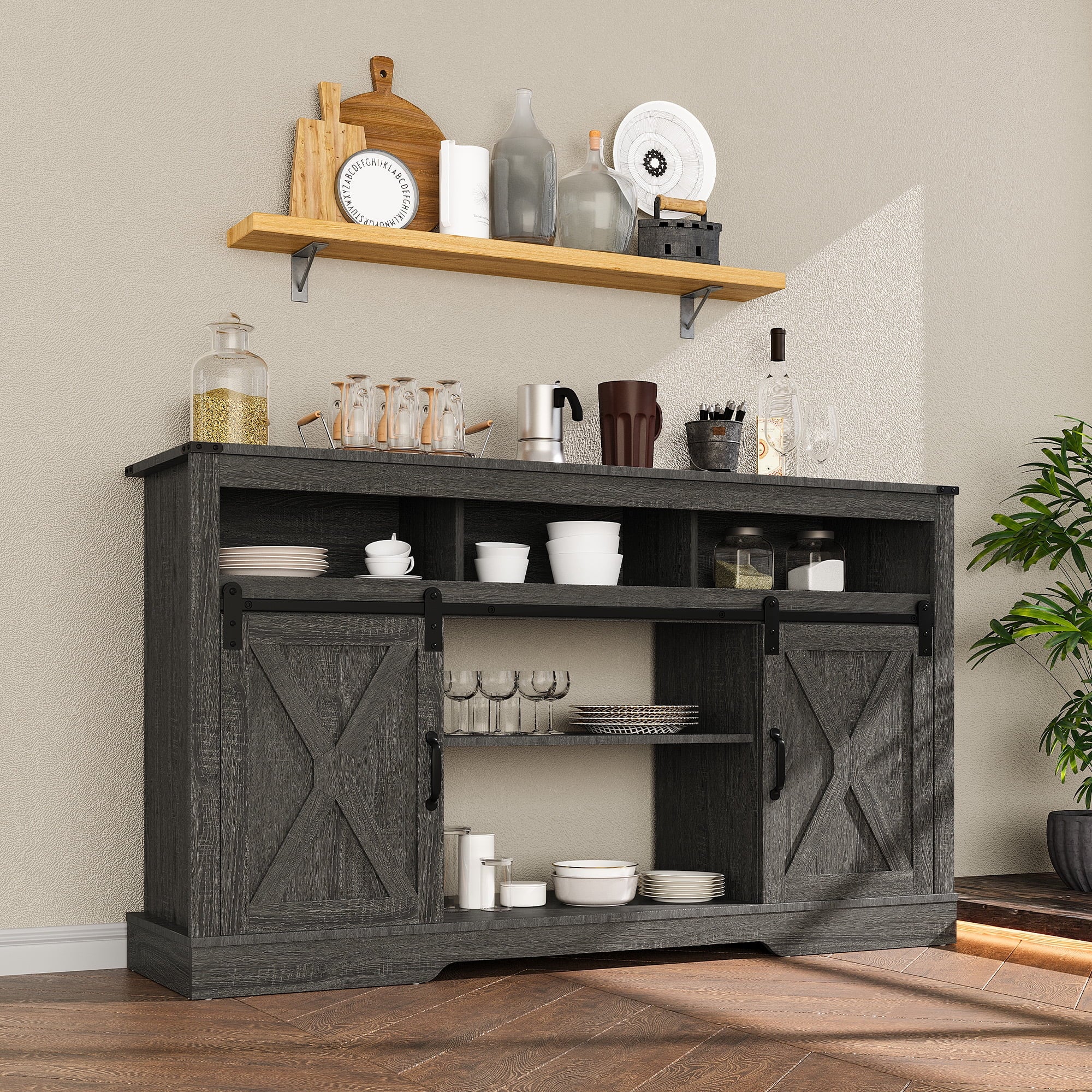 Mayincolor Farmhouse TV Stand for 65+ Inch TV, 34'' Tall Entertainment Center with Sliding Barn Doors, Rustic Wood Media Console Storage Cabinet Television Stand for Living Room, Light Grey