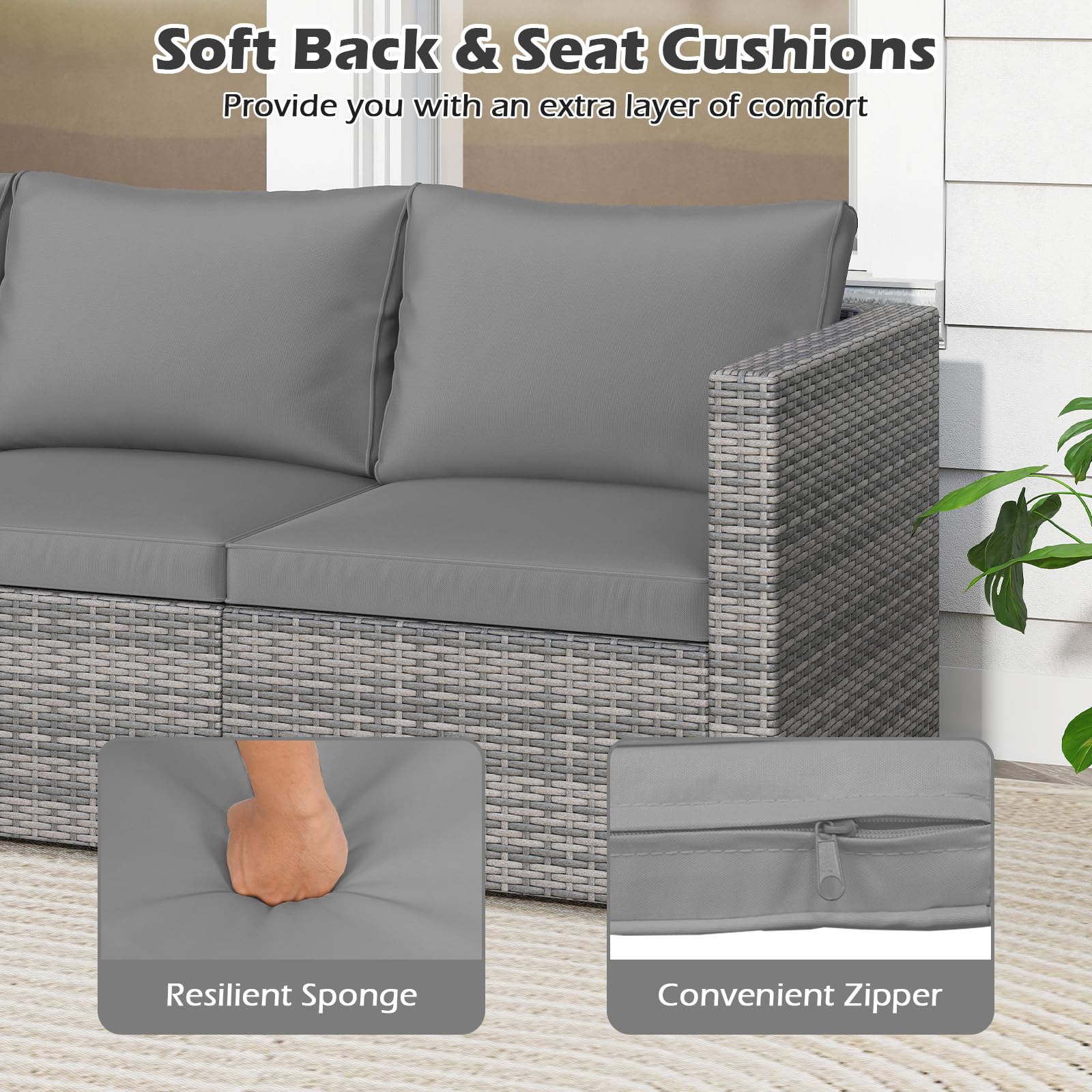 Tangkula Outdoor Patio 3 Seat Sofa Set | PE Rattan Modular Cushioned Sectional Couch Furniture Set