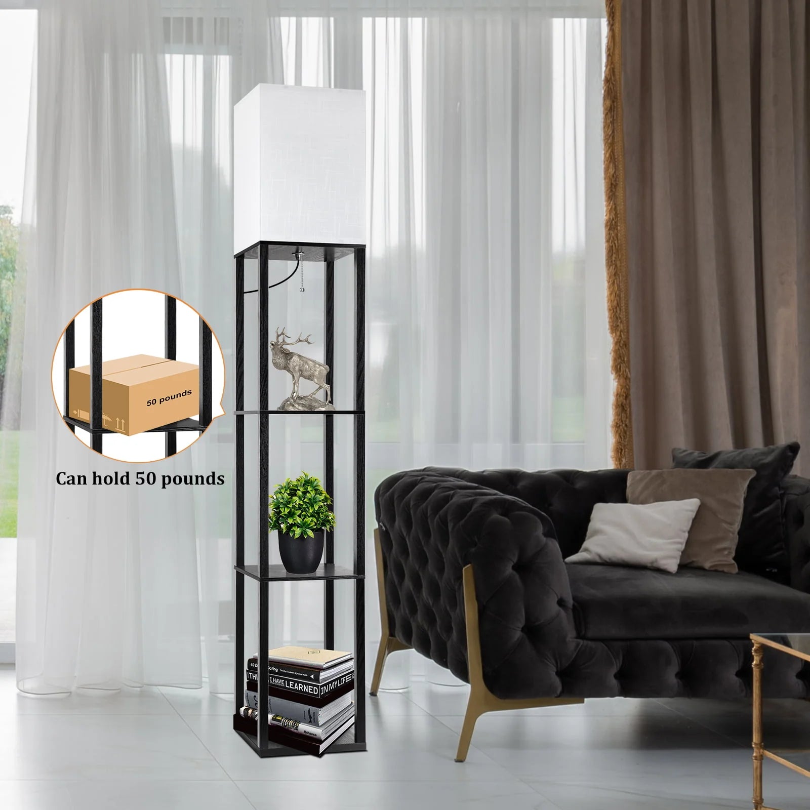 63" Shelf Floor Lamps with Shelves for Living Room Bedroom Office AVV Wood Modern Standing Lamps Black