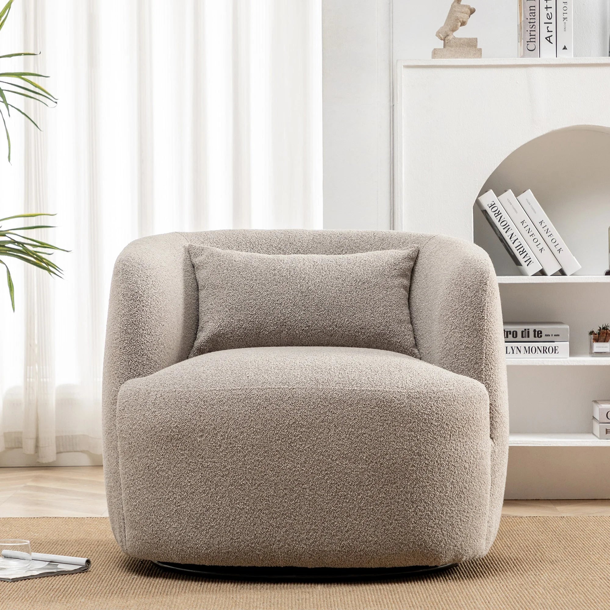 34" Wide Boucle Swivel Barrel Chair, No Assembly Round Upholstered Armchair Accent Chair Single Sofa Chair with Toss Pillow for Living Room and Bedroom, Taupe