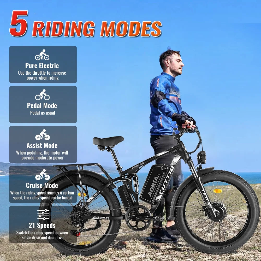 TUTTIO Adria26 5000W Electric Mountain Bike for Adults, 26" Fat Tire E - Bike for Men, 7 Speed, Max 46mph