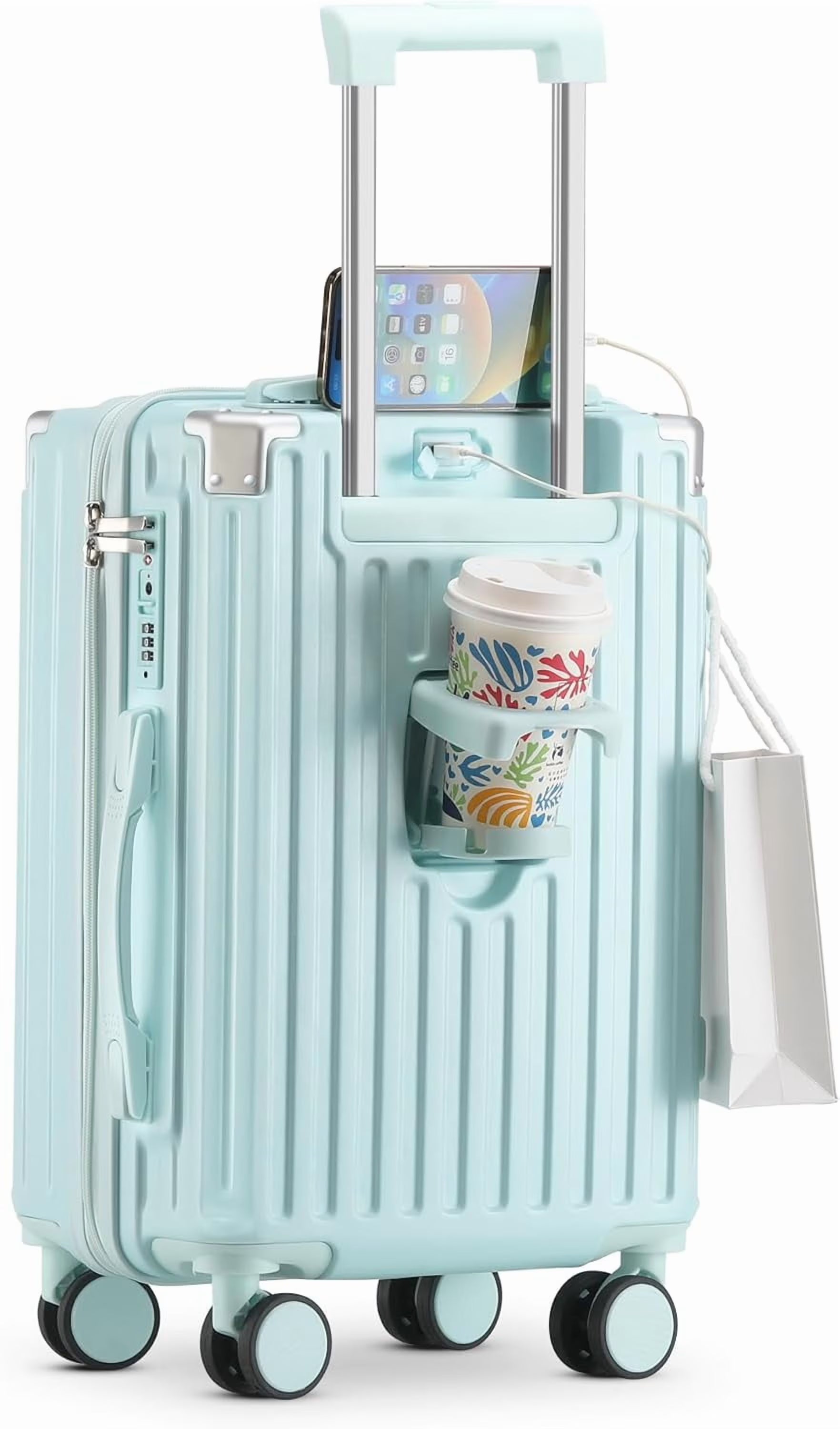 20 in Carry on Luggage with Cup Holder & USB Port, Airline Approved TSA - Locked Luggage, Lightweight PC Material Travel Suitcase with 360 Spinner Wheel