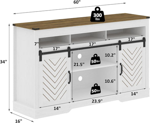 Mayincolor Farmhouse TV Stand for 65+ Inch TV, 34'' Tall Entertainment Center with Sliding Barn Doors, Rustic Wood Media Console Storage Cabinet Television Stand for Living Room, Light Grey