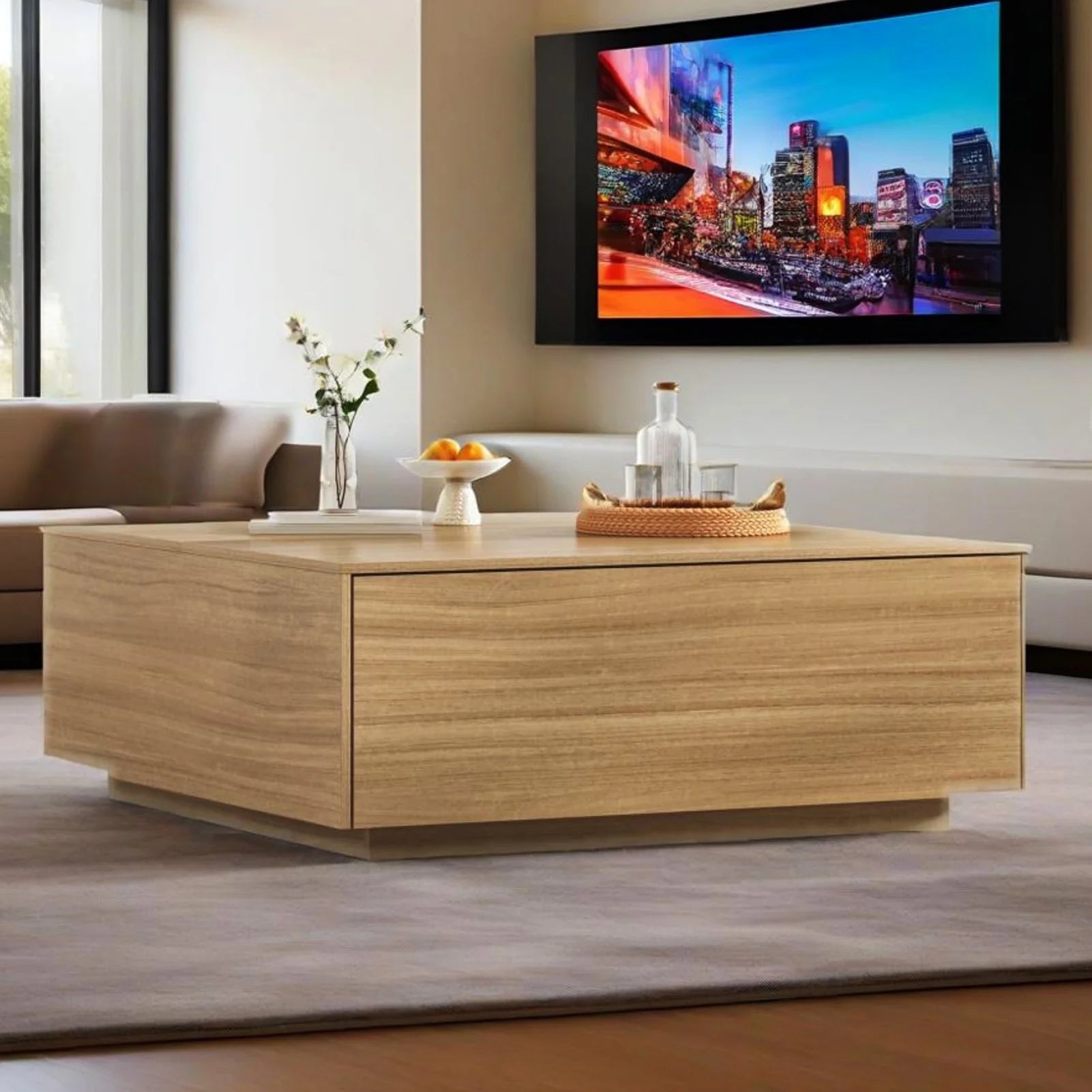 Blotout Square Coffee Table with 2 Large Drawers, 43" Mid Century Modern Coffee Table with Storage, Wood Cocktail Table Center Table with Storage for Living Room, Wood Grain