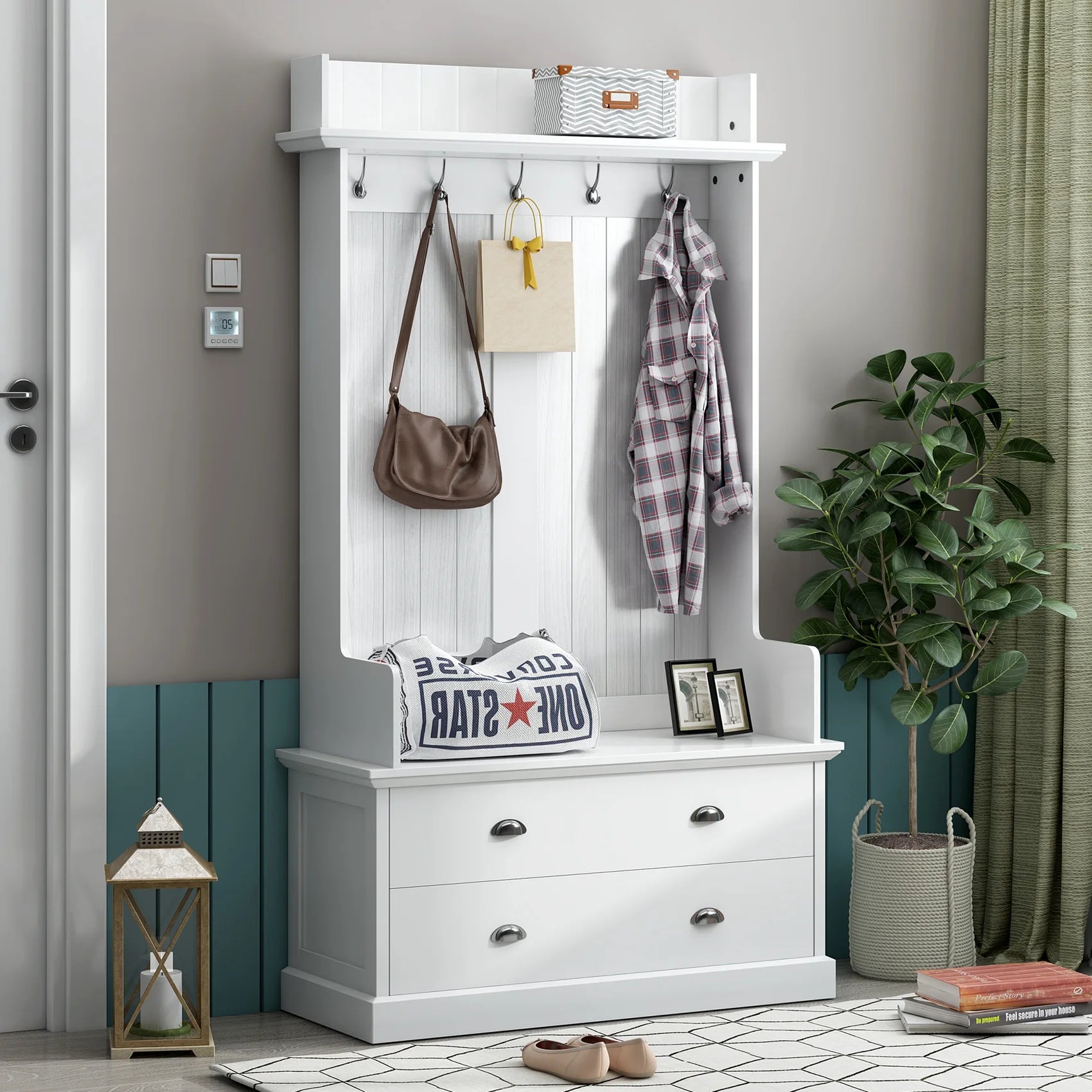 Hall Tree with Upholstered Bench and Coat Rack, Entryway Bench with 3 Hooks, 3 Open Shelves, 2 Drawers & Storage Cabinets, Mudroom Bench with Storage and Hooks for Foyer, Entry Way, Hallway (Beige)