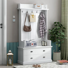 Hall Tree with Upholstered Bench and Coat Rack, Entryway Bench with 3 Hooks, 3 Open Shelves, 2 Drawers & Storage Cabinets, Mudroom Bench with Storage and Hooks for Foyer, Entry Way, Hallway (Beige)