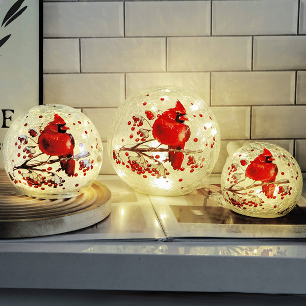 Kaowod Crackle Glass Ball Cardinal Lamp, Light Up Red Cardinal Stained Glass Christmas Decor Accent Lamp, Lighted Red Bird Globe Glass Table Lamp,