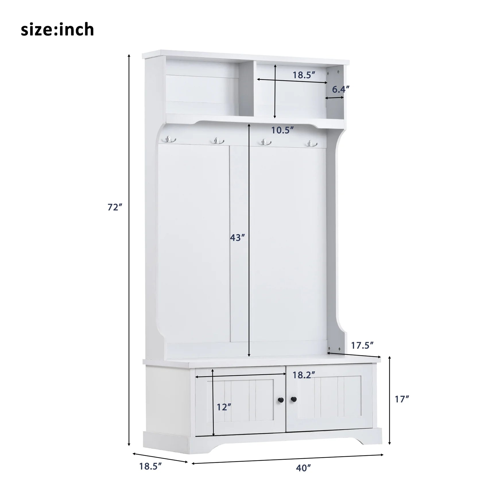 Hall Tree with Upholstered Bench and Coat Rack, Entryway Bench with 3 Hooks, 3 Open Shelves, 2 Drawers & Storage Cabinets, Mudroom Bench with Storage and Hooks for Foyer, Entry Way, Hallway (Beige)