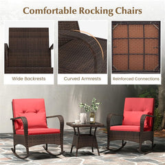 3-Piece Outdoor Wicker Rocking Chair Set, Rattan Bistro Rocker Furniture with Cushions & Pillows, Tempered Glass Coffee Table for Porch Balcony