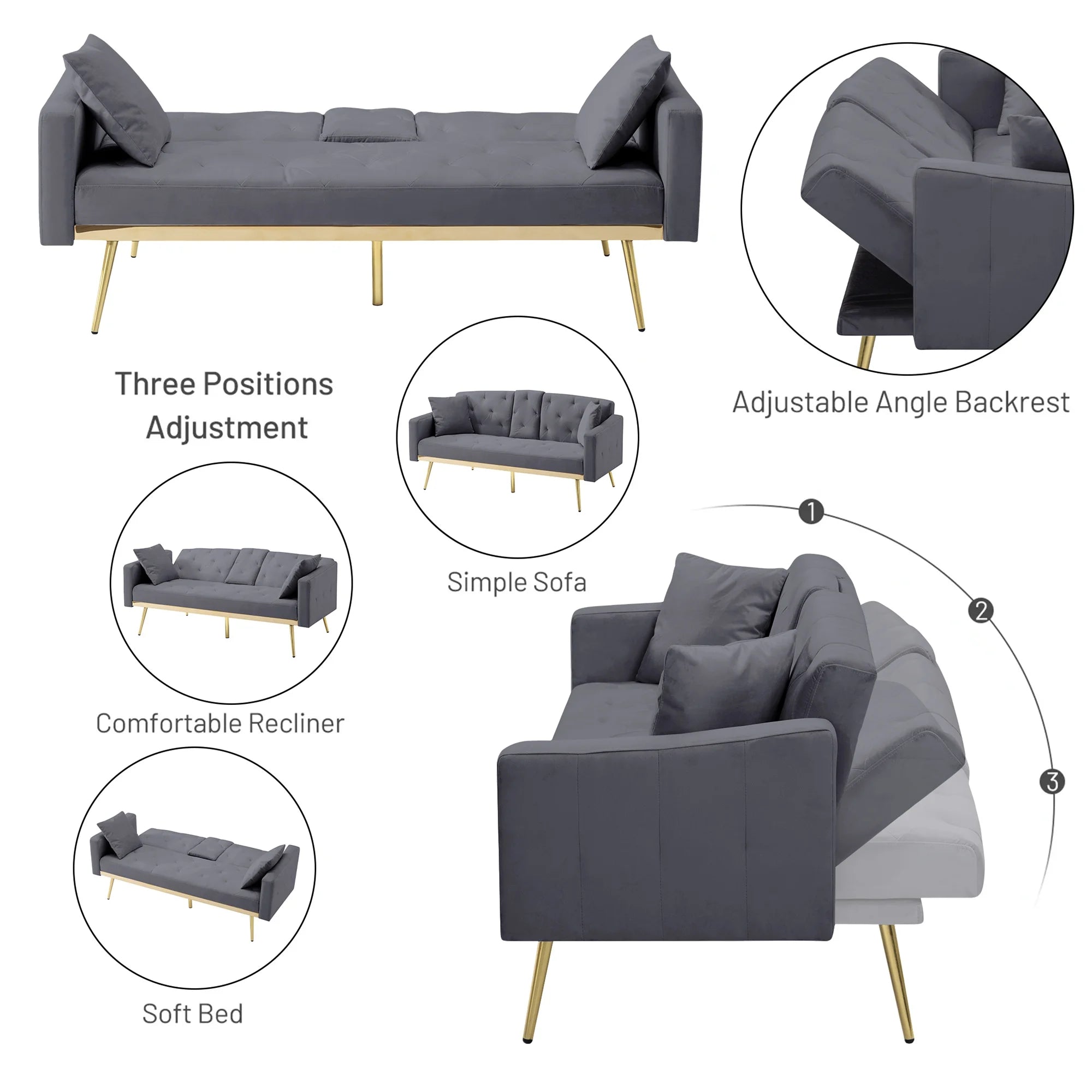 Aukfa 75" Square Arm Futon Convertible Sofa Bed for Home Office, 2 Cup Holders, Linen, Dark Gray
