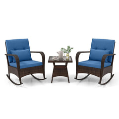 3-Piece Outdoor Wicker Rocking Chair Set, Rattan Bistro Rocker Furniture with Cushions & Pillows, Tempered Glass Coffee Table for Porch Balcony