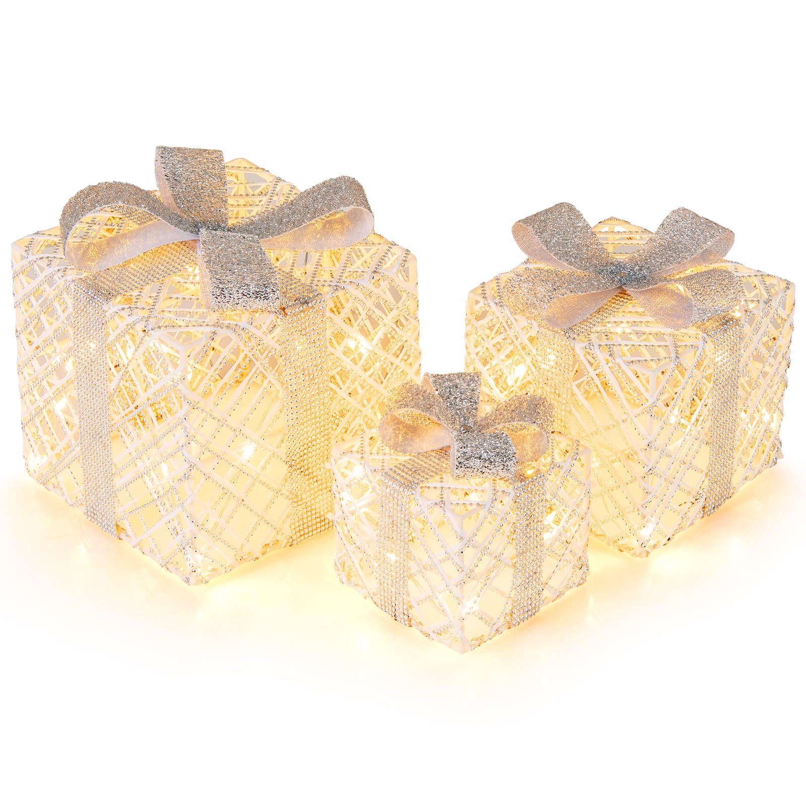 Tangkukla 3 Pack Christmas Lighted Gift Box, Pre-Lit Festive Boxes w/ 50 LED Lights