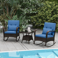 3-Piece Outdoor Wicker Rocking Chair Set, Rattan Bistro Rocker Furniture with Cushions & Pillows, Tempered Glass Coffee Table for Porch Balcony