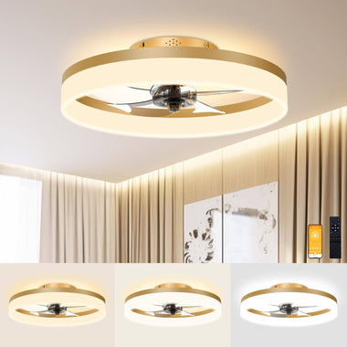 VOLISUN Low Profile Ceiling Fans with Lights and Remote, 19.7in Fandelier Ceiling Fan Flush Mount, 3000K-6500K Smart Bladeless LED Fan Light, Gold