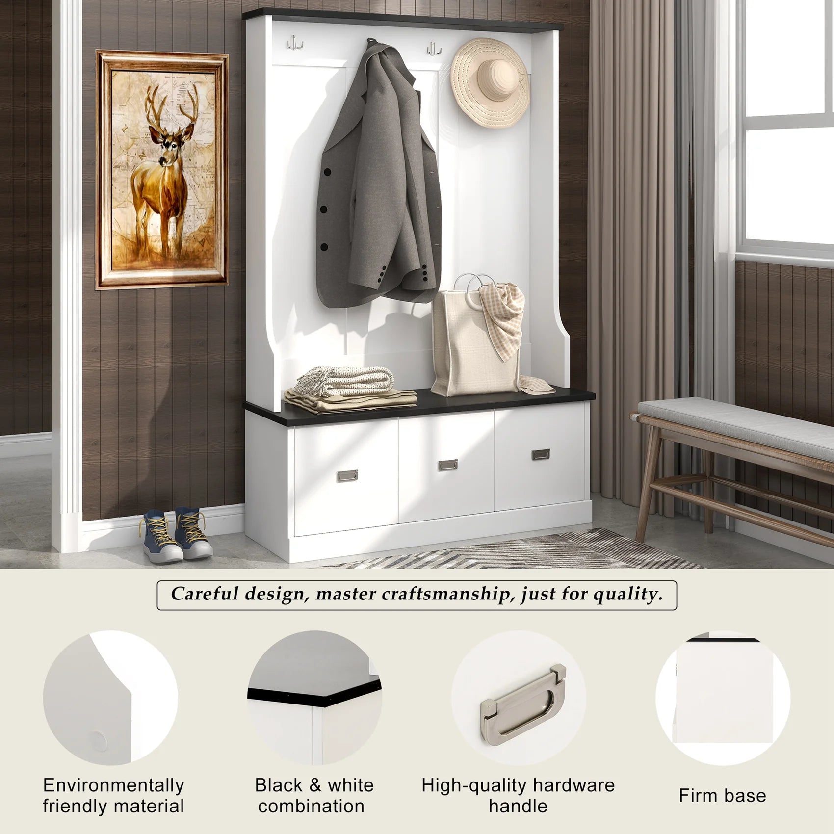Hall Tree with Upholstered Bench and Coat Rack, Entryway Bench with 3 Hooks, 3 Open Shelves, 2 Drawers & Storage Cabinets, Mudroom Bench with Storage and Hooks for Foyer, Entry Way, Hallway (Beige)