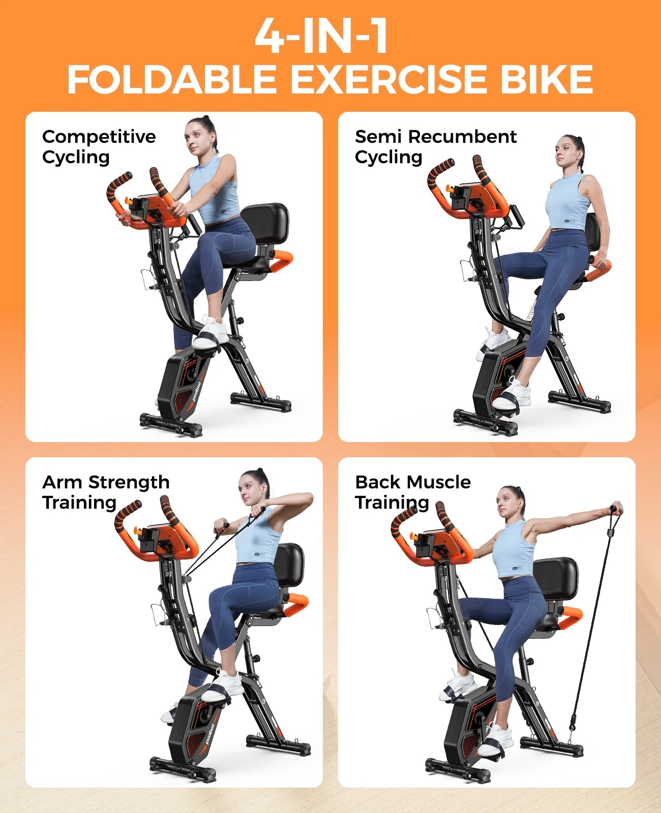 Pooboo 4in1 Folding Exercise Bike Indoor Cycling Bike Stationary Magnetic X Bike Gym Workout 300 lb Easy to Get on/Off