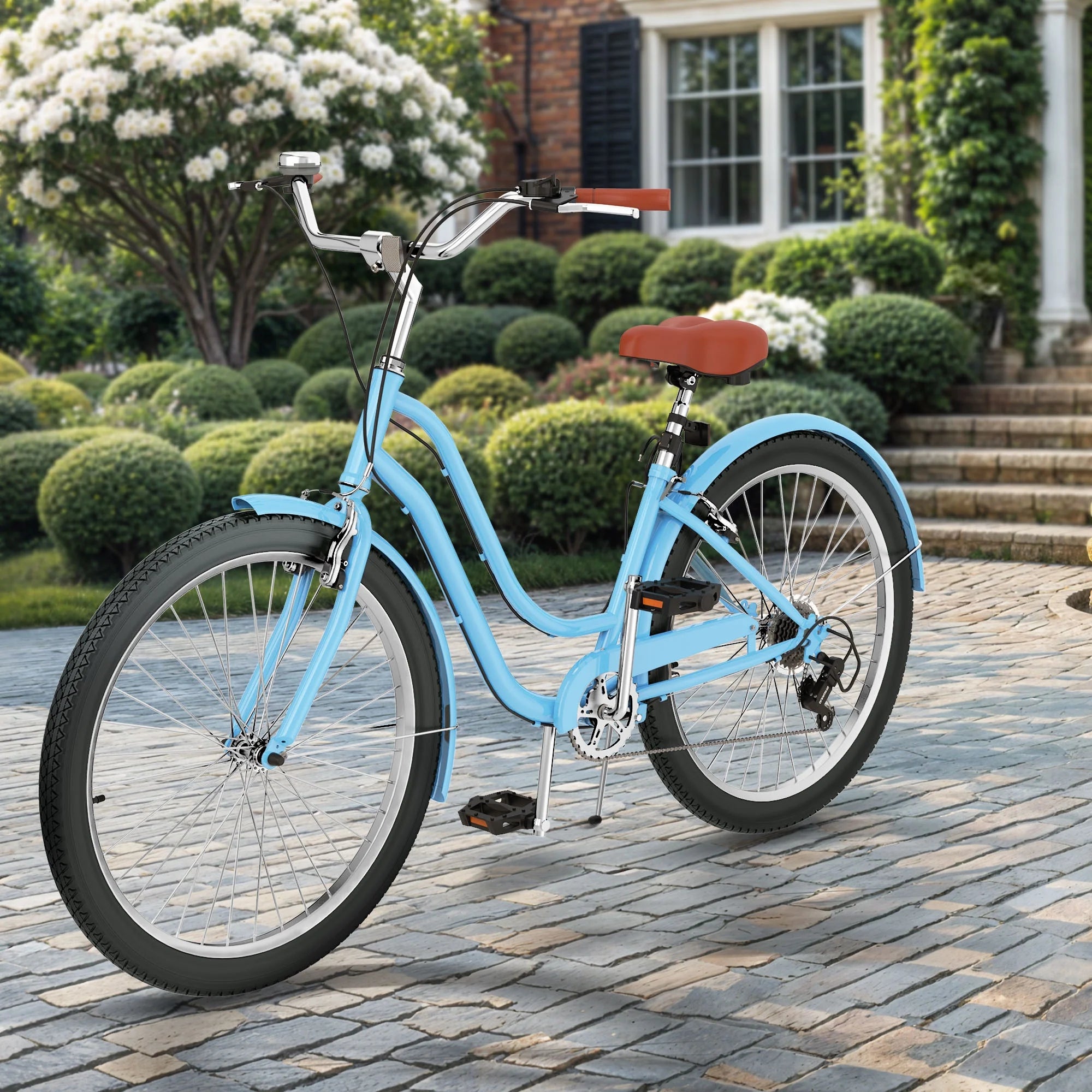 Uforic24'' Beach Cruiser Bike, 7 - Speed, Step - Through Bicycle for Men & Women, Steel Frame, Mint Green
