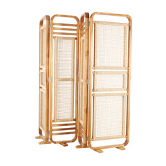 Decmode 79" x 70" Brown Teak Wood Handmade Foldable Partition 4 Panel Room Divider Screen with Woven Rattan Panels, 1 - Piece