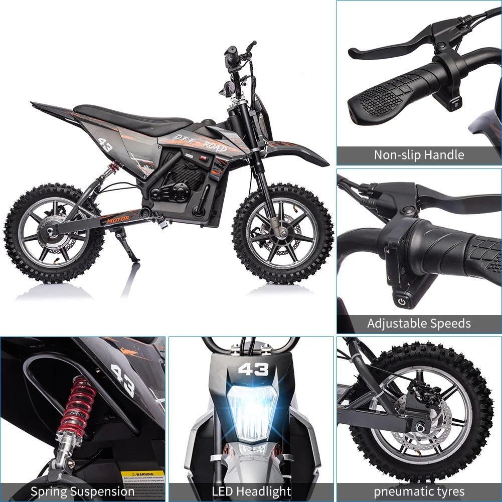 Electric Dirt Bike for Kids, 36V Ride on Motorcycle, up to 15.5MPH, 350W Brushless Motor, LED Headlight, Leather Seat, Front and Back Brakes, Electric Motorcycle for Kids Age 8 - 16, Max Load 175 lb