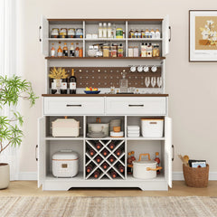 LAFGUR 72" Kitchen Storage Cabinet with Power Outlet & LED Light, Coffee Bar Cabinet with Drawers & Wine Glass Rack, Sideboard for Home, White