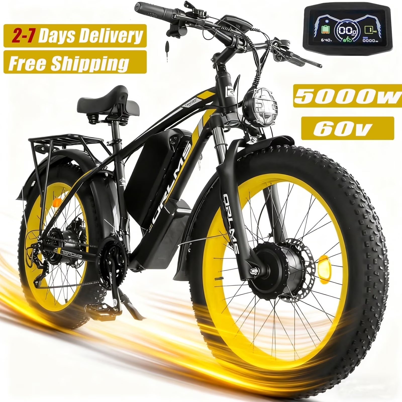 5000w Peak Dual Motor Electric Bike, 26" Fat Tire Shimano 21 Speed 45 MPH Commuter Mtb, 60V 25AH Front Suspension Ebike