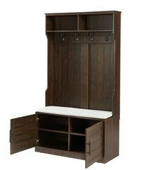 Entryway Hall Tree with Storage Bench, Wooden Coat Rack with Sponge Pad and 4 Dual Hooks, Storage Shelf Organizer with 2 - Door Cabinet for Entryway, Bedroom, Easy to Assemble