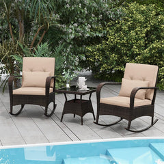 3-Piece Outdoor Wicker Rocking Chair Set, Rattan Bistro Rocker Furniture with Cushions & Pillows, Tempered Glass Coffee Table for Porch Balcony