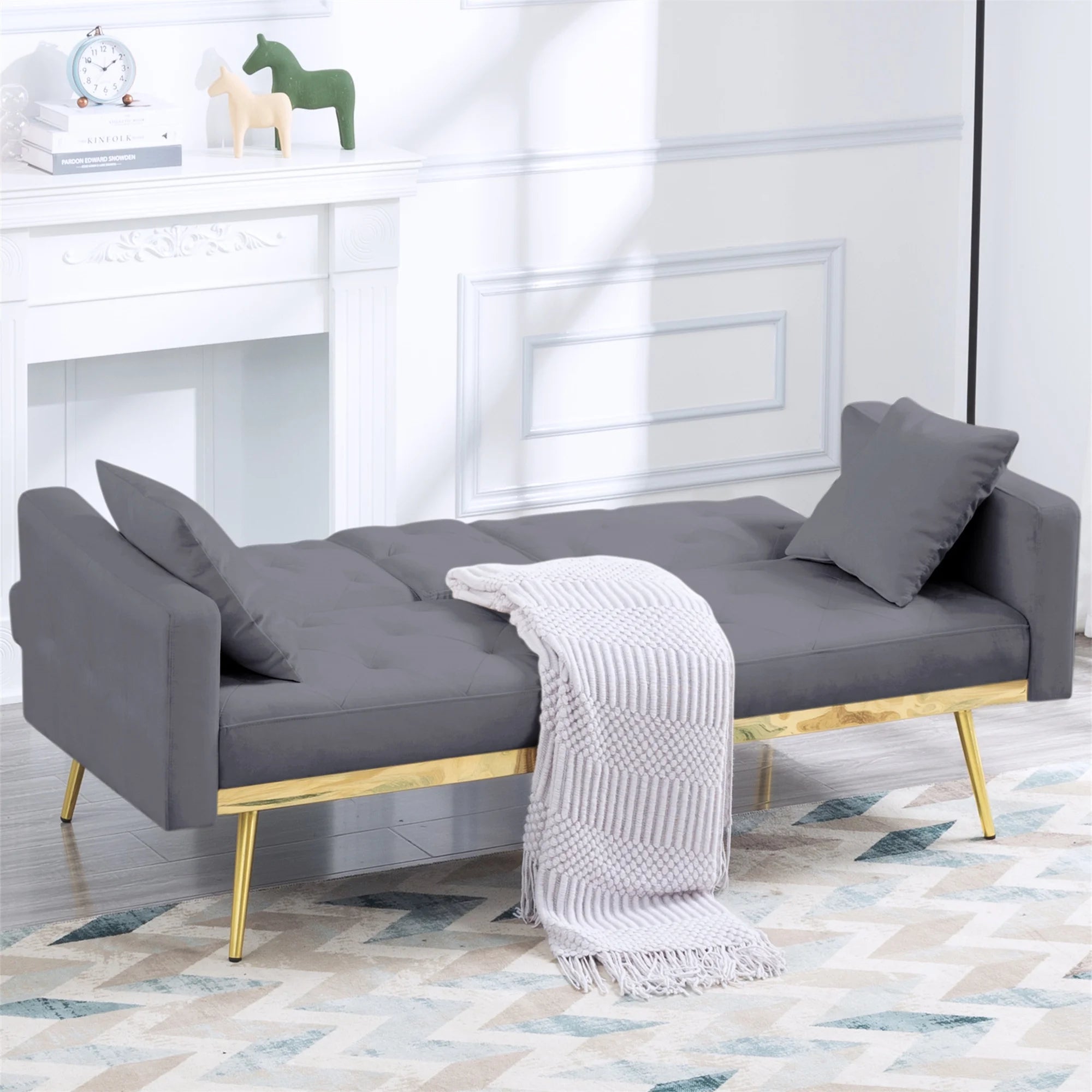 Aukfa 75" Square Arm Futon Convertible Sofa Bed for Home Office, 2 Cup Holders, Linen, Dark Gray