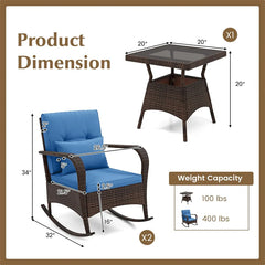 3-Piece Outdoor Wicker Rocking Chair Set, Rattan Bistro Rocker Furniture with Cushions & Pillows, Tempered Glass Coffee Table for Porch Balcony