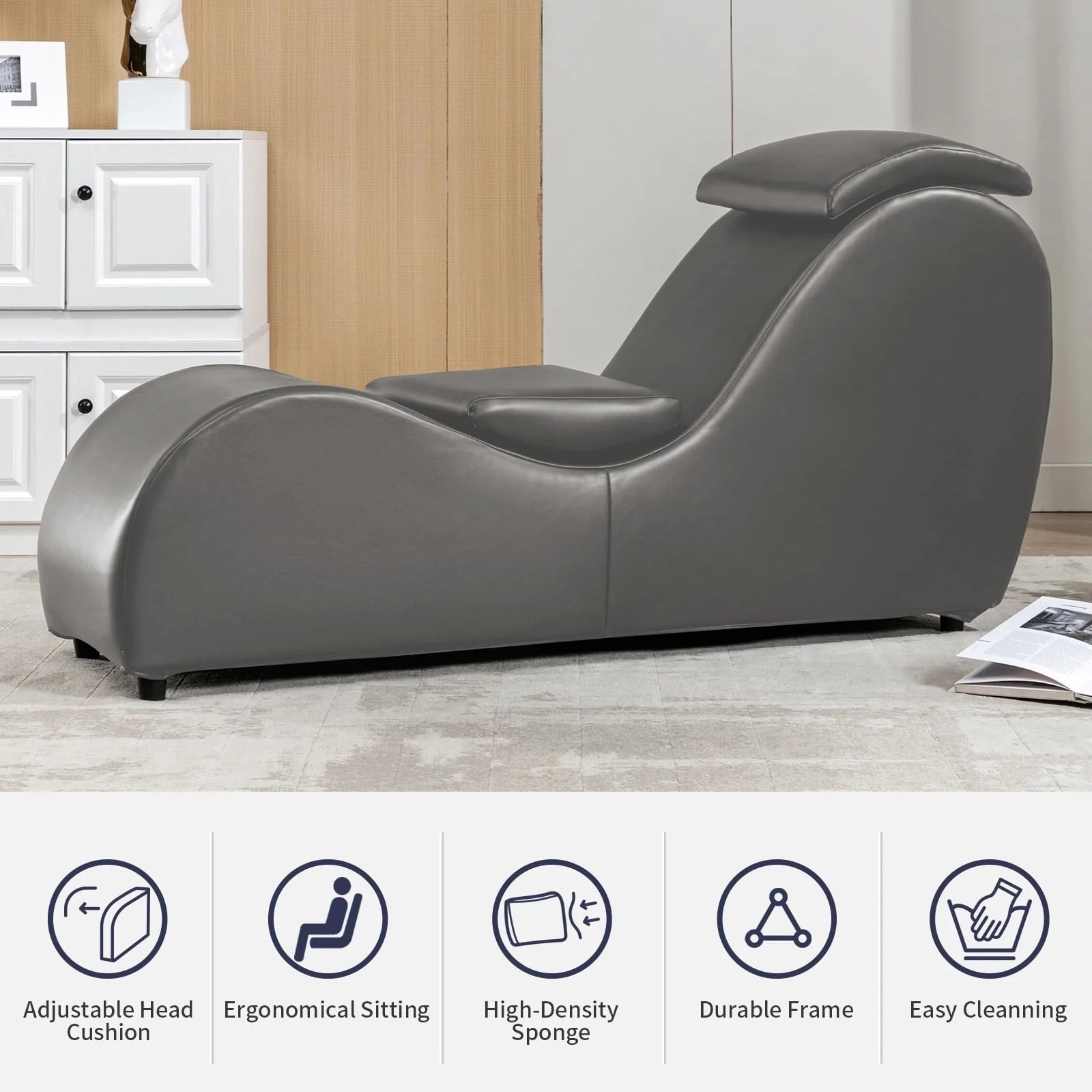 MUZZ Yoga Chair, Curved Yoga Chaise Lounge for Adults Stretching Exercising Relaxing, Chaise Lounge Chair with Adjustable Mats for Living Room Apartment Indoor(Dark Grey)