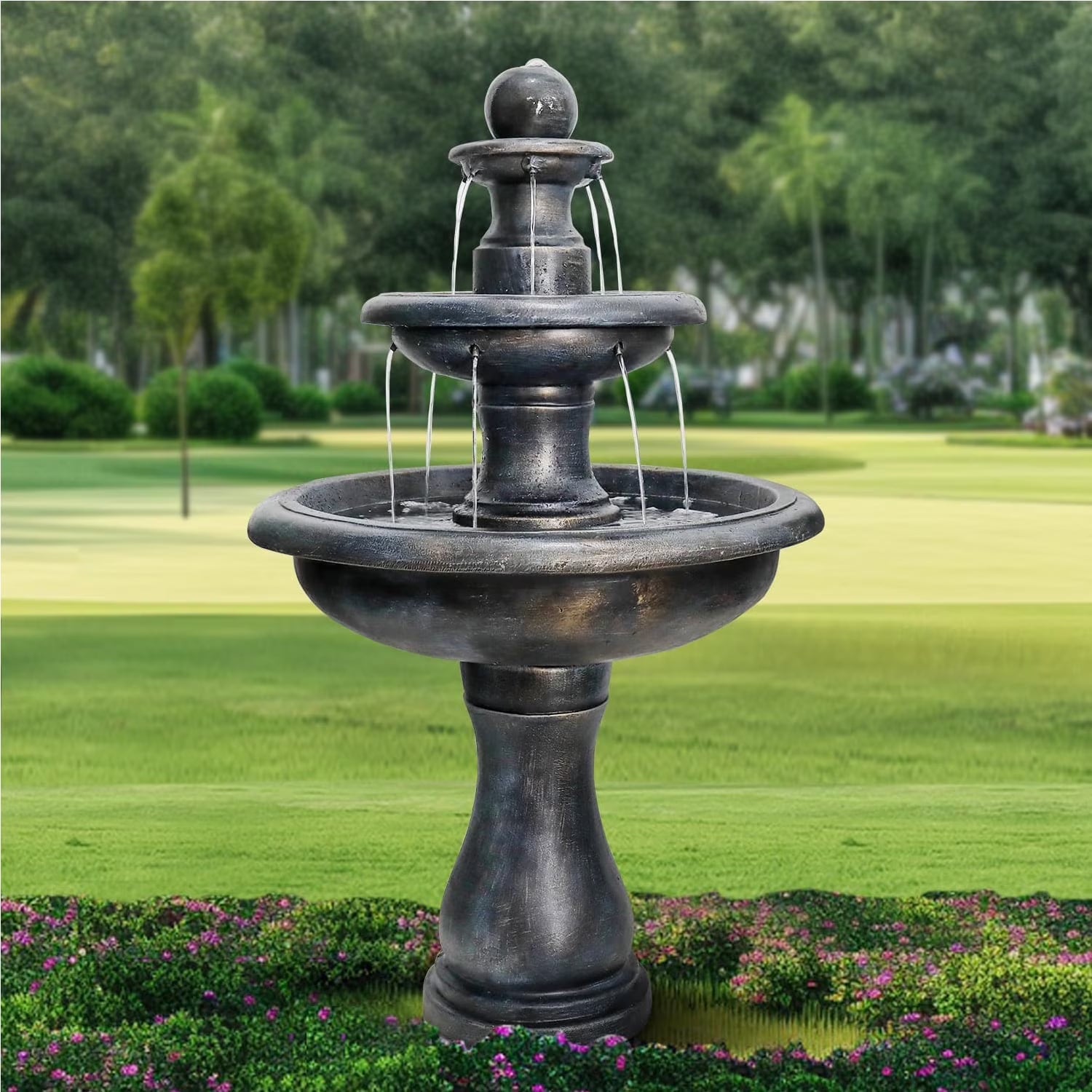 48�?h Outdoor Floor Water Fountain, 3 - Tiers Concrete Water Fountain with Submersible Electric Pump - Garden Cascading Waterfall for Yard Patio Lawn Home Decor