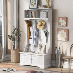 Hall Tree with Upholstered Bench and Coat Rack, Entryway Bench with 3 Hooks, 3 Open Shelves, 2 Drawers & Storage Cabinets, Mudroom Bench with Storage and Hooks for Foyer, Entry Way, Hallway (Beige)