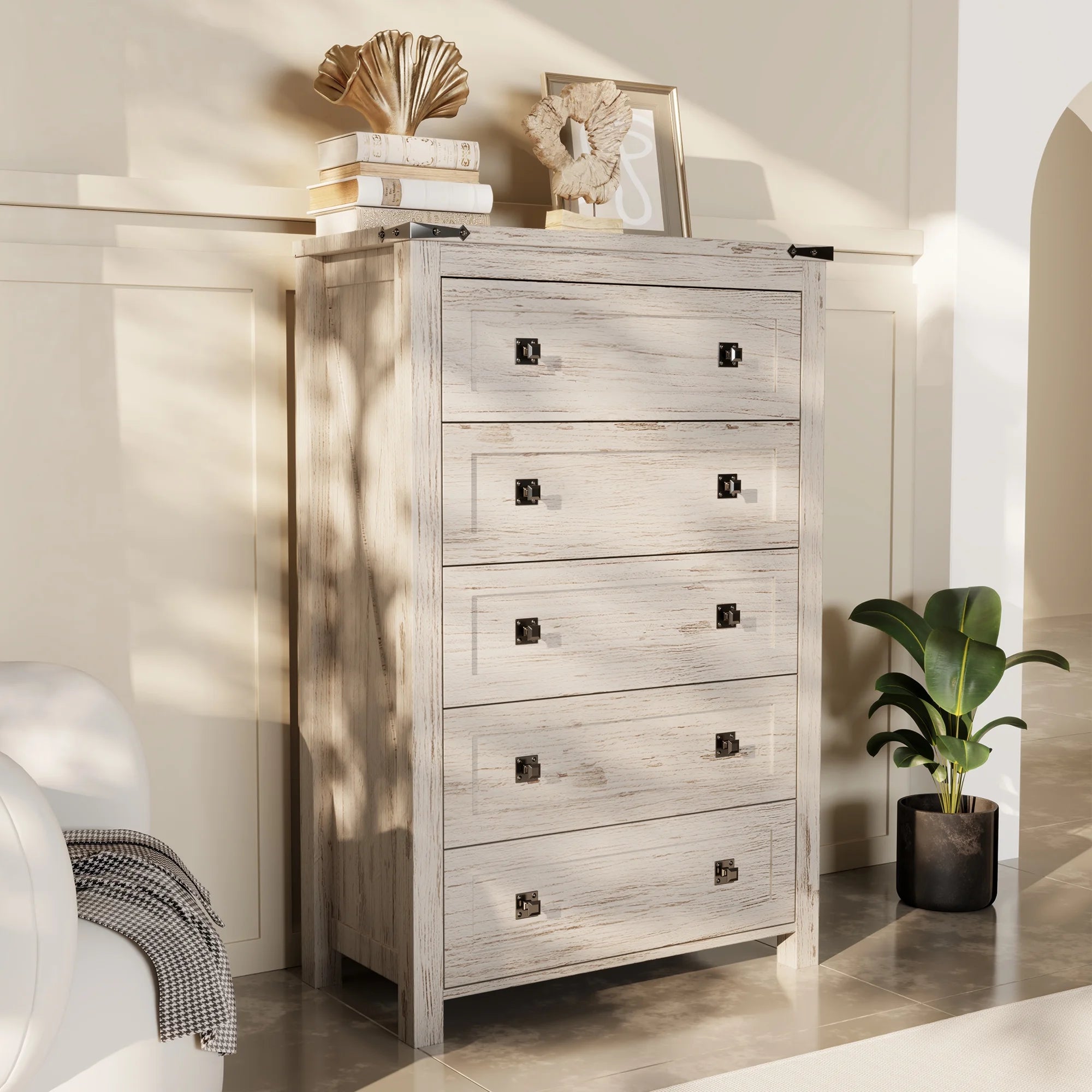 Keywhat Farmhouse 5 Drawer Dresser for Bedroom, Chest of Drawers Wood Organizer for Living Room, Antique White