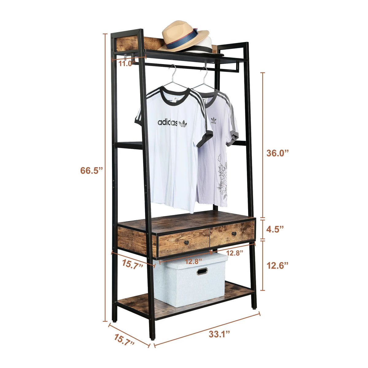 JJS 33" Entryway Coat Rack, Industrial Rustic Hall Tree Shoe Bench with Storage Drawers and Shelf for Hallway, Wood Look Accent Furniture with Metal Frame, Rustic Brown