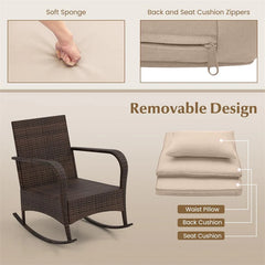 3-Piece Outdoor Wicker Rocking Chair Set, Rattan Bistro Rocker Furniture with Cushions & Pillows, Tempered Glass Coffee Table for Porch Balcony