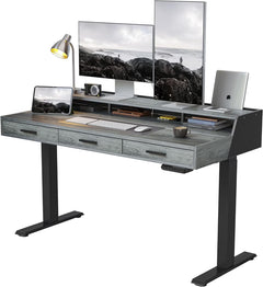 FEZIBO Electric Standing Desk with 3 Drawers & Monitor Shelves, 48 x 26 in Sit Stand Home Office Desk, Rustic Brown
