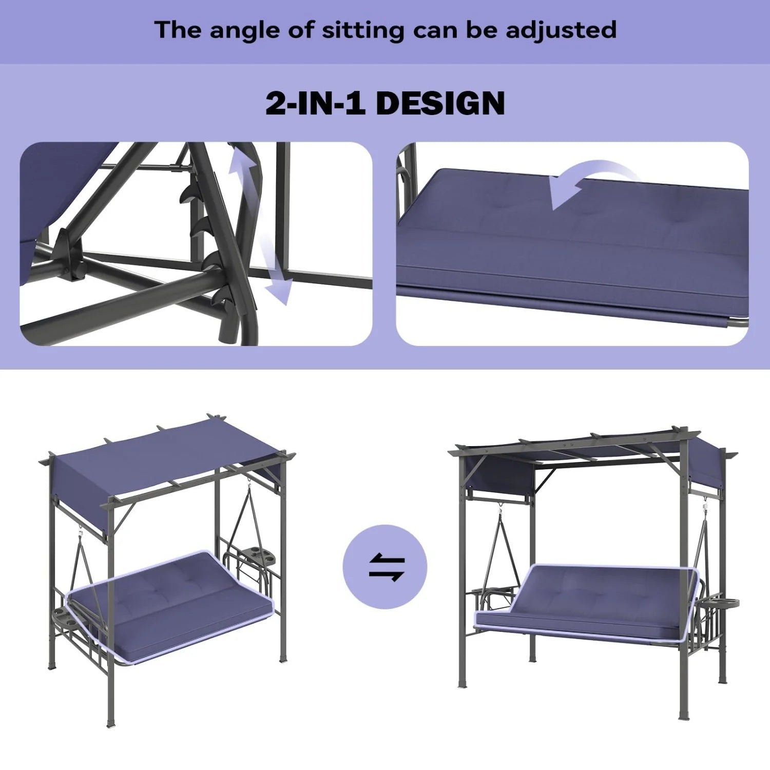 AECOJOY 2-in-1 Convertible Porch Swing Bed 3 Seat, Outdoor Patio Metal Pergola Swing