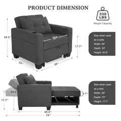 DURASPACE 3 in 1 Convertible Sleeper Chair Bed with Usb Port, Linen Pull Out Chair Indoor, Dark Gray