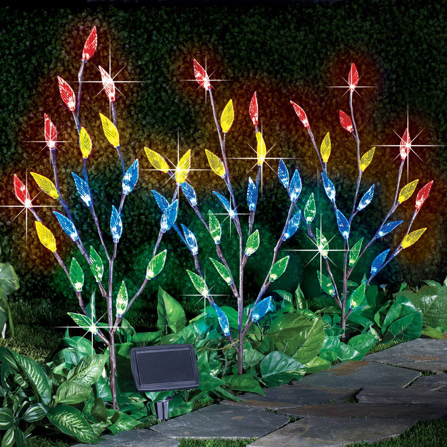 Collections Etc Bright Leaf Branch Solar Garden Lights with Adjustable Branches - Set of 3, Outdoor Decorative Accents, Multi Color Lig, 60